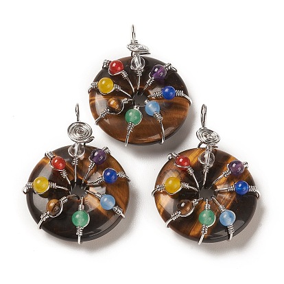 Pendentifs de pierres précieuses naturelles et synthétiques, avec les accessoires en laiton, disque beignet/pi avec charmes perlés