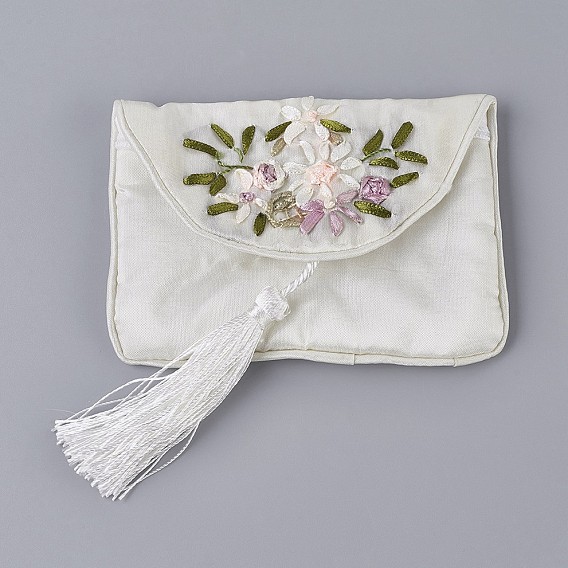 Embroidery Cloth Zip Pouches, with Tassels and Stainless Steel Snap Button, Rectangle
