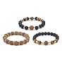 3Pcs 3 Style Natural Rudraksha & Tiger Eye & Lava Rock Beaded Stretch Bracelets Set, Essential Oil Gemstone Jewelry for Women