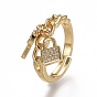 Adjustable Brass Micro Pave Clear Cubic Zirconia Cuff Rings, Open Rings, Lock with Key