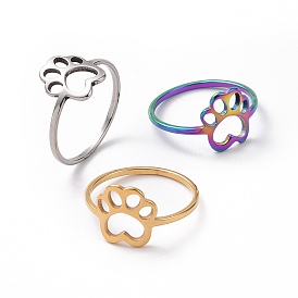 201 Stainless Steel Paw Print Finger Ring, Hollow Wide Ring for Women
