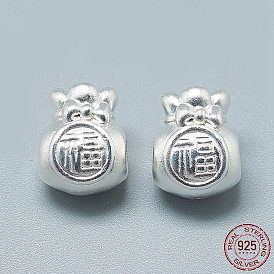 925 perles en argent sterling, sac chanceux avec le caractère chinois fu