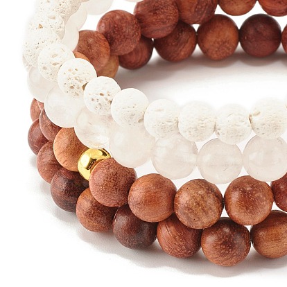 4Pcs 4 Style Natural Quartz Crystal & Lava Rock & Wood Round Beaded Stretch Bracelets Set with Heart, Oil Diffuser Power Yoga Jewelry for Women