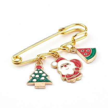 Christmas Theme Iron Safety Brooch, with Alloy Enamel Pendants, Mixed Shapes, Golden