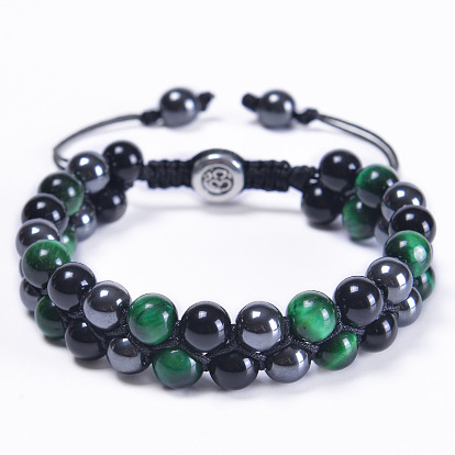 Natural Stone Beaded Bracelet Set for Men and Women - Green Tiger Eye and Black Obsidian Double Layered Jewelry