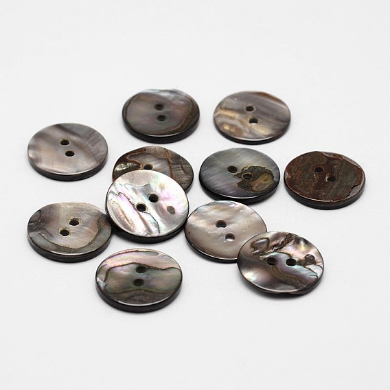 2-Hole Flat Round Natural Black Shell Buttons, 17x2mm, Hole: 2mm