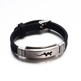 Jewelry Black Color Rubber Cord Bracelets, with 304 Stainless Steel Findings and Watch Band Clasps, Rectangle with Gecko, 225x10mm