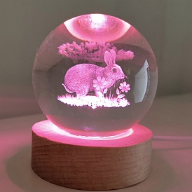 Inner Carving Chinese Zodiac Animal Glass Crystal Ball Small Night Lamp with USB Charger, Night Light Birthday Gift with Wood Stand, Fengshui Home Decor