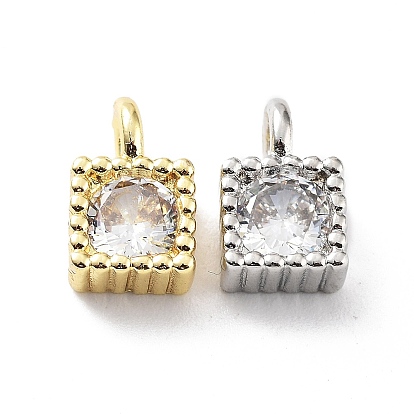 Rack Plating Brass Micro Pave Cubic Zirconia Pendants, Cadmium Free & Lead Free, Long-Lasting Plated, Square
