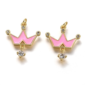 Brass Micro Pave Clear Cubic Zirconia Pendants, Long-Lasting Plated, with Jump Rings & Pink Enamel, Crown