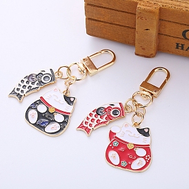 Alloy Enamel Pendant Keychain, with Alloy Swivel Clasps, Koi Fish with Fortune Cat