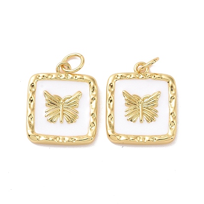 Square with Butterfly Pattern Brass Enamel Pendants, with Jump Rings, Cadmium Free & Nickel Free & Lead Free, Real 18K Gold Plated