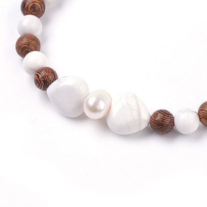 Gemstone Stretch Bracelets, with Grade B Pearl Beads and Wood Beads