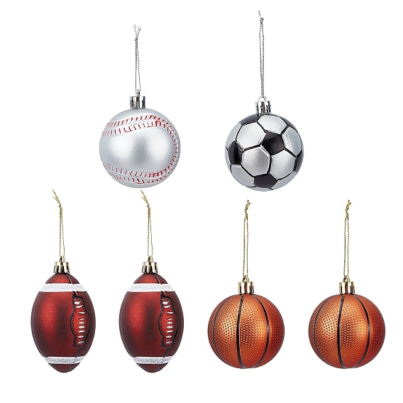 Chgcraft 6pcs colgantes de bolas de Navidad de plástico de fútbol, baloncesto, béisbol y rugby, con hilo de oro ciprio, para la decoración de los adornos del árbol de navidad del partido