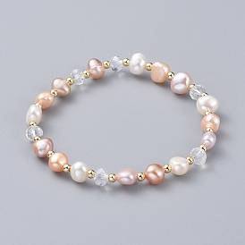 Stretch Bracelets, with Natural Cultured Freshwater Pearl Beads, Glass Beads and Brass Round Spacer Beads, Korean Elastic Crystal Thread