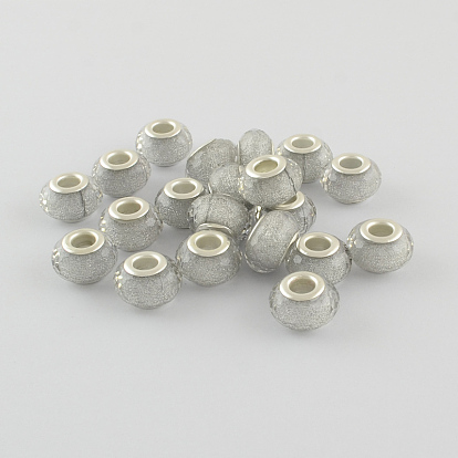  Perles européennes en résine de grand trou, avec couleur argent plaqué doubles noyaux de cuivre, facettes rondelle, 14x9mm, Trou: 5mm