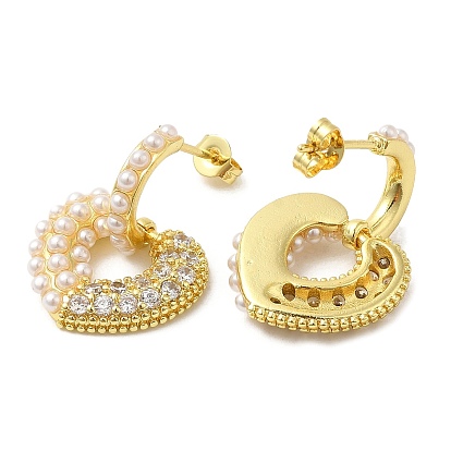 Boucles d'oreilles pendantes en forme de cœur en laiton plaqué en rack avec perle en plastique, Boucles d'oreilles zircons, sans cadmium et sans plomb