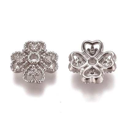 4-Petal Brass Micro Pave Clear Cubic Zirconia Bead Caps, Clover