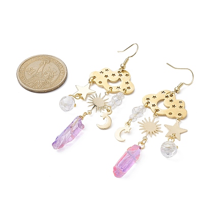 201 Stainless Steel Cloud Chandelier Earrings with Brass Pins,Dyed Natural Quartz Crystal Nugget Long Drop Earrings