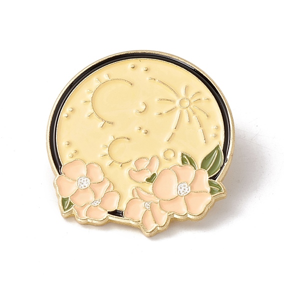 Moon with Flower Enamel Pin, Alloy Badge for Backpack Clothes, Golden