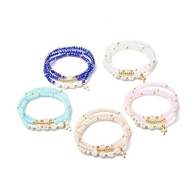 Glass Beads Stretch Bracelets Sets, with Acrylic & Brass Beads, 304 Stainless Steel Cross Charms, Love