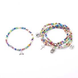 Charm Stretch Bracelets, with Alloy Beads and Millefiori Glass Beads, Mixed Shapes, Antique Silver