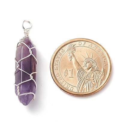 Natural Gemstone Double Terminated Pointed Pendants, with Platinum Tone Copper Wire Wrapped, Bullet