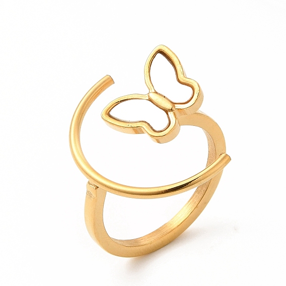 Revestimiento iónico (ip) 304 anillos para los dedos de acero inoxidable, anillos de banda ancha de mariposa de concha blanca sintética para mujer