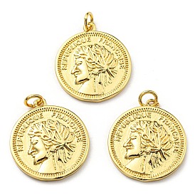 Brass Pendants, with Jump Ring, Long-Lasting Plated, Lead Free & Cadmium Free, Flat Round with Woman Charm