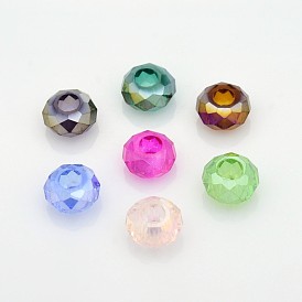 AB Color Plated Electroplate Glass Beads, Large Hole Rondelle Beads, Faceted, 14x8mm, Hole: 6mm