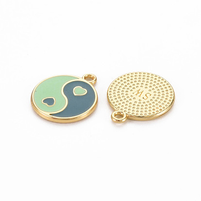 Rack Plating Alloy Enamel Charms, Cadmium Free & Lead Free, Light Gold, Flat Round with Yin Yang