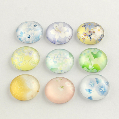 Flower Pattern Flatback Half Round Glass Dome Cabochons, for DIY Projects