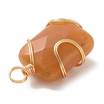 Natural Mixed Stone Rectangle Pendants, with Golden Copper Wire Wrapped Findings,, Long-Lasting Plated
