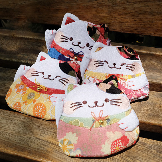 Carteras de poliéster con diseño de gato de la suerte., Monedero estilo japonés maneki-neko con cremallera para mujer
