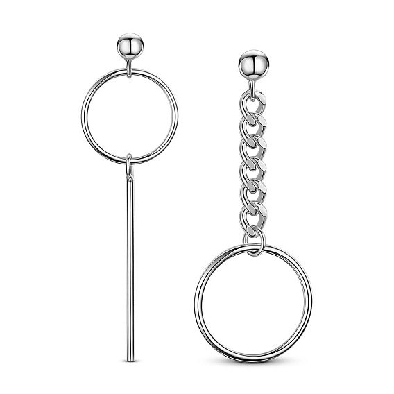 SHEGRACE Stylish 925 Sterling Silver Stud Earrings, Asymmetrical Earrings, with Rings, Bar and Chain, 40mm