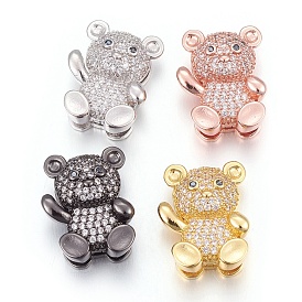 Brass Micro Pave Cubic Zirconia Slide Charms, Long-Lasting Plated, Cadmium Free & Nickel Free & Lead Free, Bear, Clear