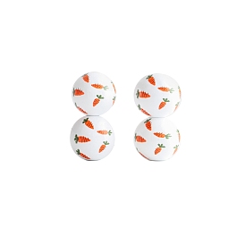 Perles de bois imprimées sur le thème de Pâques, rond avec motif carotte, blanc
