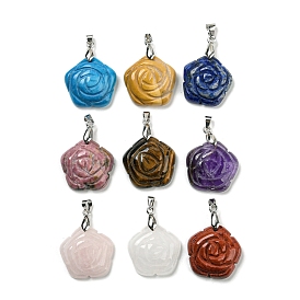 Natural Gemstone Carved Pendants, Flower Charms with Rack Plating Platinum Plated Brass Pinch Bails