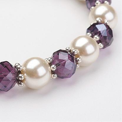 Glass Pearl Stretch Bracelets, with Transparent Glass Beads and Alloy Beads Spacers