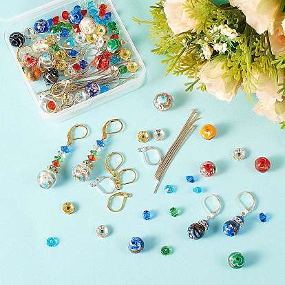 DIY Flower Beads Drop Earrings Making Kits, Including Lampwork Beads, Iron Rhinestone Beads & Pins, Brass Leverback Earring Findings