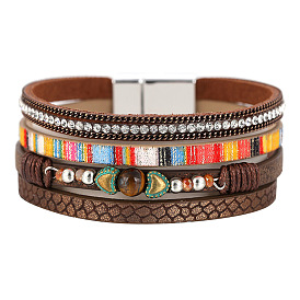 Bohemian Multi-layer Bracelet with Leather and Diamond Inlay - Hand-woven Female Bracelet.