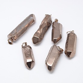 Electroplate Natural Crystal Pendants, 39~56x12~15x12~15mm, Hole: 7x4mm