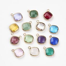 Glass Charms, with Brass Findings, Faceted, Rhombus, Golden
