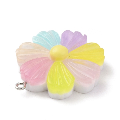 Opaque Resin Pendants, Flower Charms with Platinum Tone Iron Loops