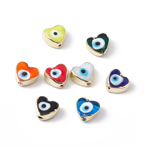Handmade Evil Eye Lampwork Beads, with Brass Findings, Lead Free & Cadmium Free, Long-Lasting Plated, Heart