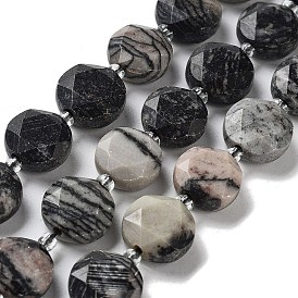 Natural Black Silk Stone/Netstone Beads Strands, with Seed Beads, Faceted Hexagonal Cut, Flat Round