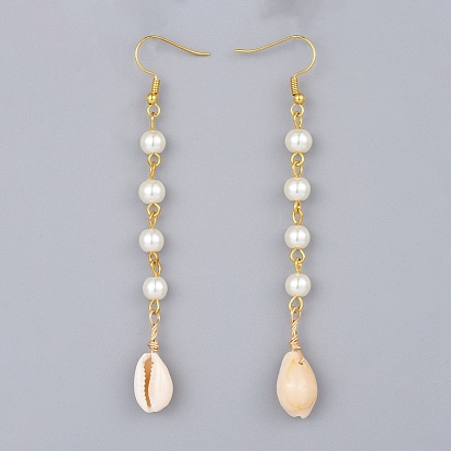 Glass Pearl Dangle Earrings, with Cowrie Shell and Brass Earring Hooks