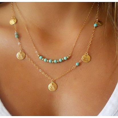 Boho Double Layer Turquoise Collarbone Necklace with Sparkling Accents