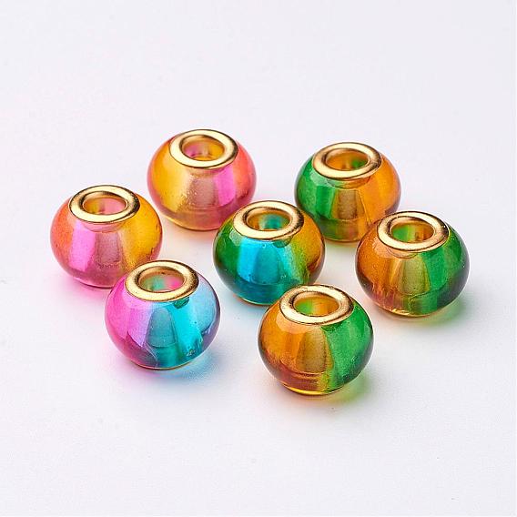 Spray Painted Two Tone Glass European Beads, with Brass Cores, Large Hole Beads, Rondelle, 15x12mm, Hole: 5mm