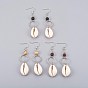 Cowrie Shell Dangle Earrings, with Gemstone and Wood Beads, Iron Linking Rings, Brass Earring Hooks